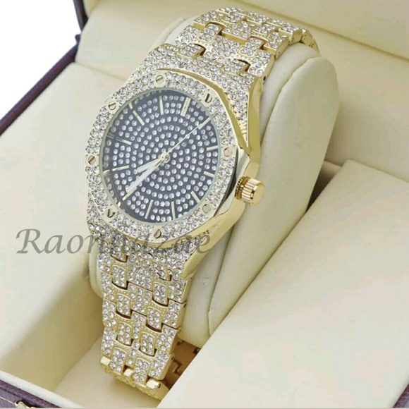 MEN ICED OUT 14K GOLD PT OCTAGON SHAPE WATCH CUBAN - Picture 4 of 5